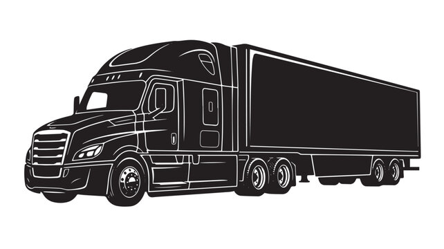 Black and white illustration of a semi-trailer truck, a large commercial vehicle designed for transporting goods across long distances