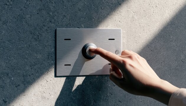 Finger pressing modern metallic button on rough concrete wall