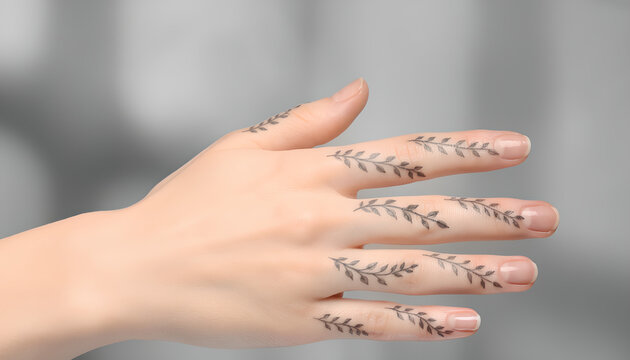 Close-up of a delicate female hand adorned with elegant temporary leafy branch tattoos on fingers.