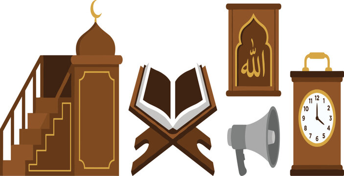 Islamic Worship and Mosque Elements Collection Featuring Minbar Quran Wall Art Adhan Speaker and Prayer Clock