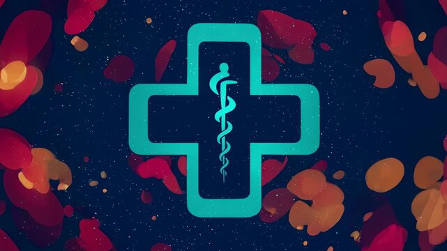 Medical cross symbol with caduceus emblem on abstract dark background. Digital health technology concept with flowing colorful light particles for medical graphic.