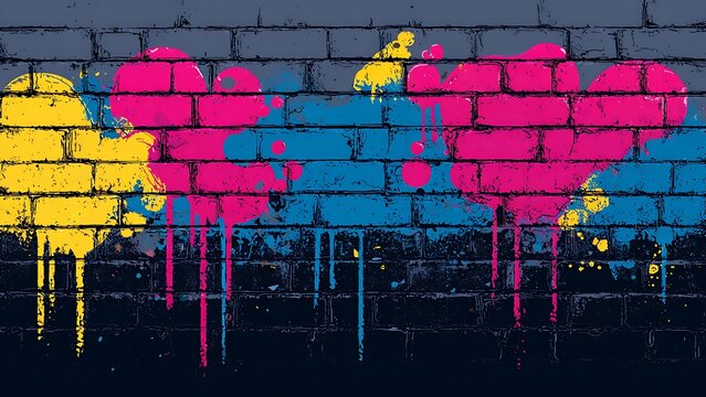 Colorful Graffiti Hearts with Paint Drips on Dark Brick Wall