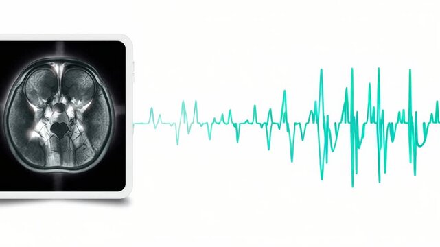 Brain scan with oscillating wave line on digital screen. Modern medical diagnostic equipment displaying neurological activity for clinical analysis and brain research.