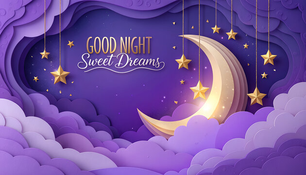 Paper Cut Style Good Night Sweet Dreams Background With Moon And Glowing Stars