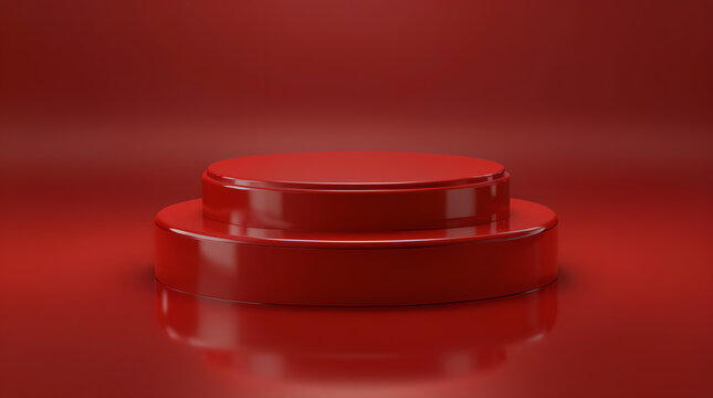 Minimalist red circular product display pedestal for marketing and advertising presentations on red background