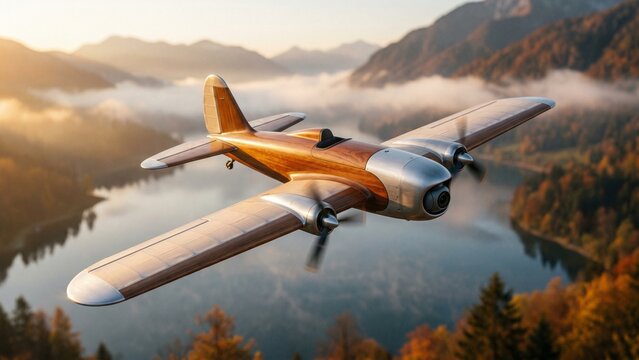 Concept art of a luxury custom wooden drone aircraft soaring above autumn valley