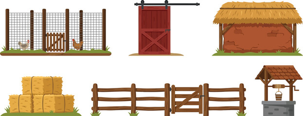 A comprehensive set of farm and rural elements including a chicken coop barn door hay bales and a water well perfect for agricultural themed designs and educational content © Ahmad