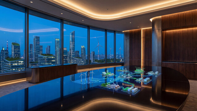 Modern office at night with holographic renewable energy model showing wind turbines power plants and green grid on table overlooking city skyline for clean technology business concept