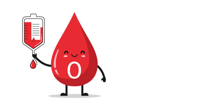 Cheerful blood drop character representing type O holding a medical IV bag to encourage blood donation and health.