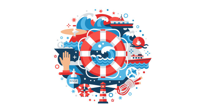 Maritime Rescue and Sea Safety Concept Illustration with Lifebuoy, Lighthouse, and Ocean Waves