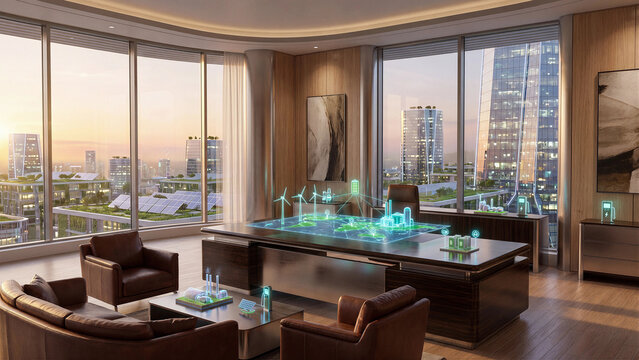Luxury executive office at sunset with holographic energy map showing wind turbines electric charging and smart grid on desk overlooking solar city for clean energy business concept