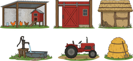 Collection of hand-drawn farm elements including a chicken coop barn door tractor and hay bale perfect for agricultural designs or game development © Ahmad