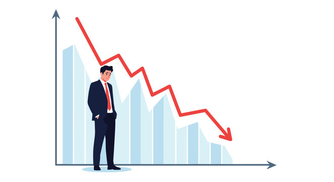 Concerned businessman in a suit standing next to a falling financial chart with a red arrow pointing downwards.