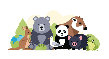 Obraz premium Diverse collection of cute cartoon animals including a kangaroo, bear, panda, bird, pig, and frog standing together in nature.