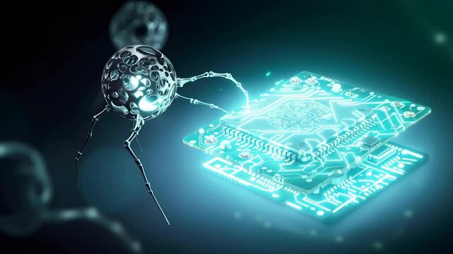 Nanobot interacting with electronic circuit board. Microscopic robot accessing processor information. Future medical technology and bioengineering research concept.