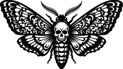 Skull moth illustration black and white vector graphic with ornate wings © Mehedi