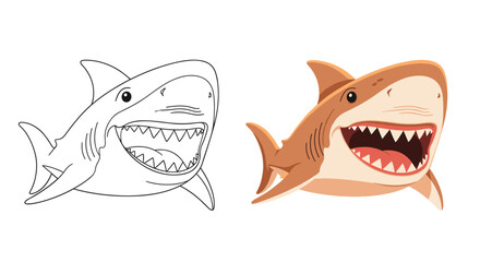 Naklejka premium Friendly cartoon shark with a big toothy grin and happy eyes, presented as a colored illustration and a simple line drawing.