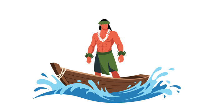 Strong Polynesian man wearing a traditional flower lei and leaf skirt standing in a wooden canoe amidst blue ocean waves.