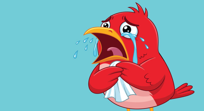 Heartbroken red bird character crying and wiping away tears with a white handkerchief against a plain blue background.