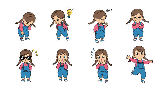 Character sheet showing a young girl with braided hair in blue denim overalls with different facial expressions and emotional reactions.