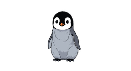Obraz premium Cute baby penguin standing alone on a white background, featuring fluffy gray feathers and an adorable character design.
