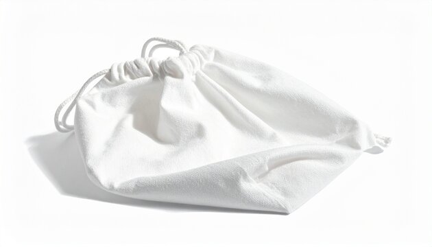 White fabric drawstring bag on flat surface, soft folds and shadows, minimalist sustainable design with clean reusable aesthetic&hellip;