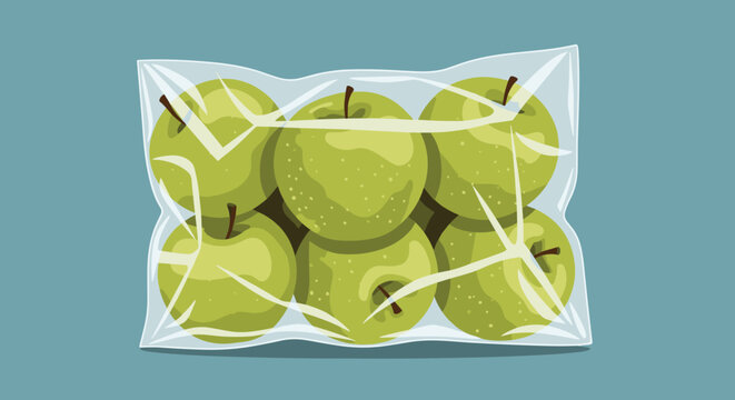 Six fresh green granny smith apples packed inside a clear transparent plastic grocery bag over a blue background for sale.
