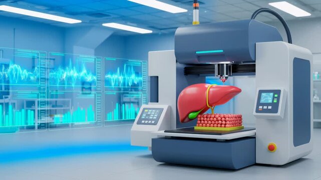 Bioprinting of human liver organ for medical transplant. Artificial organ production using laboratory equipment. Future bioengineering technology in medical hospital.