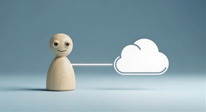 Cloud computing and data connectivity concept with wooden character linked to cloud icon for technology service website banner