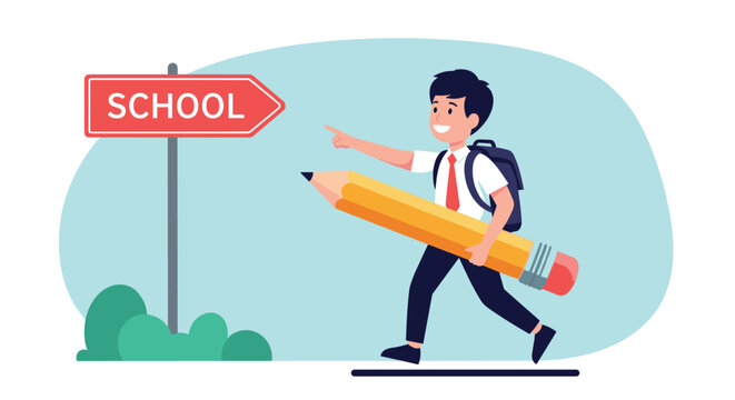 Joyful schoolboy wearing a backpack and carrying a giant pencil while pointing toward a red school directional sign on a blue path.