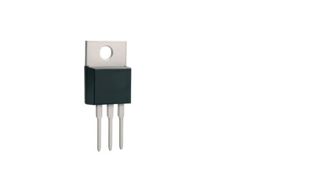 Electronic power MOSFET transistor in TO-220 package with metal heatsink tab for voltage regulation and hardware manufacturing