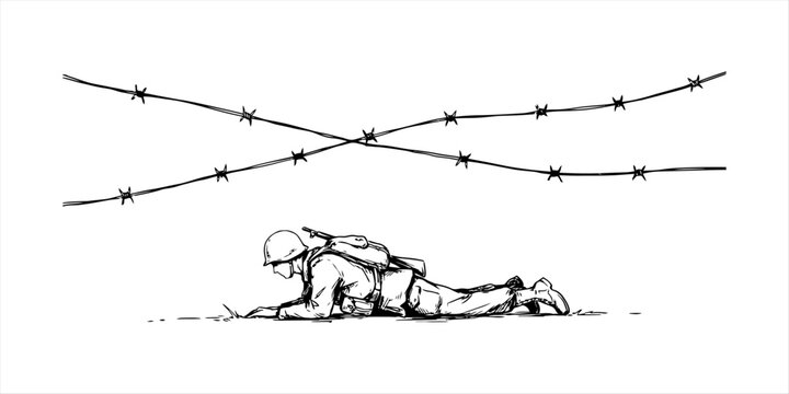 Soldier crawling under barbed wire