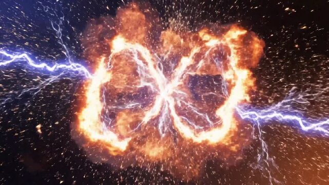 Blue and orange lightning bolts clashing on a dark abstract background