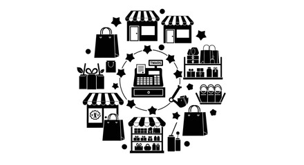 Fototapeta premium Black icons of shops and bags form a circle on white background