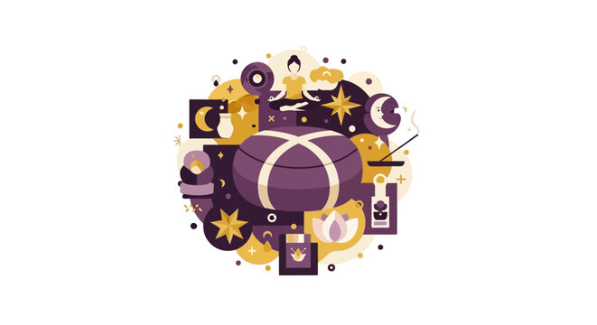 Flat Vector Illustration of Meditation and Mindfulness Symbols with Zafu Cushion and Celestial Icons