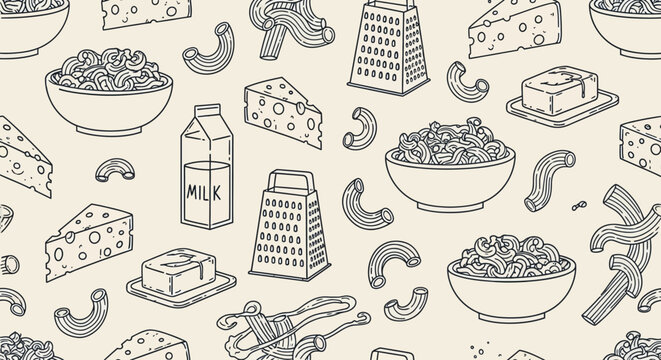 Illustration of various cheese types and pasta on a table setting