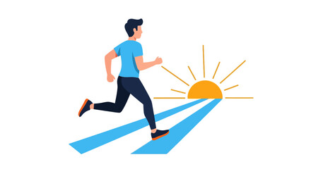Fototapeta premium Man Jogging Towards Sunrise Flat Vector Illustration - Morning Run, Fitness, and Healthy Lifestyle Concept