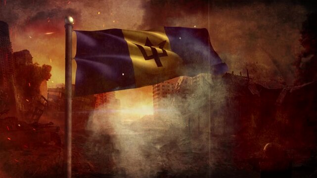 Barbados Flag with Cinematic Apocalypse Scene and Burning City