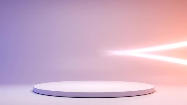 Minimalist white circular podium or stage on a reflective surface with a soft gradient background transitioning from purple to pink and a bright white abstract light beam across the center