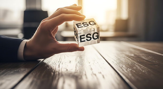 A hand holds ESG cubes on a wooden table in a blurred office.