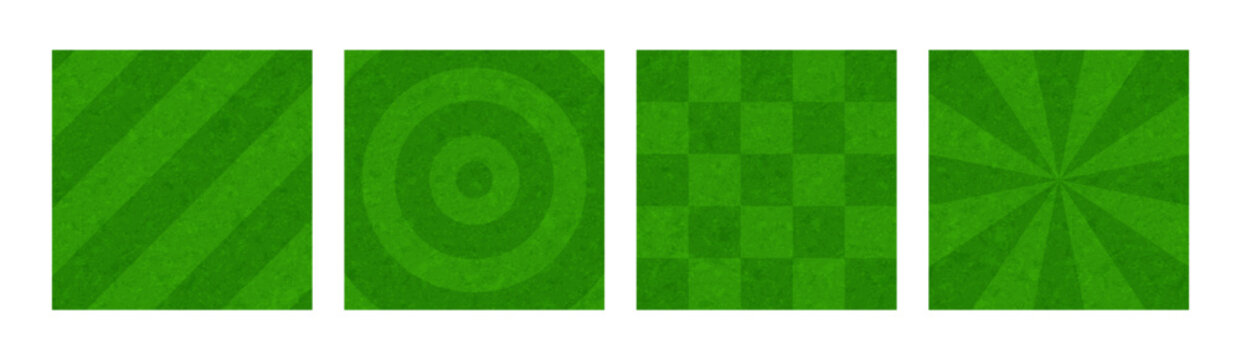 Soccer grass background, garden maze pattern, farm field texture. Football pitch, hedge labyrinth, square backdrop for sport poster with stripes, circles and rays. Green grass bg, vector illustration