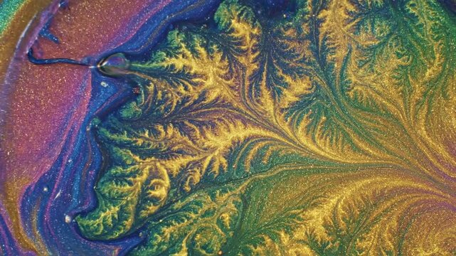 Macro abstract swirling patterns of metallic gold green and deep blue and purple pigments creating a fluid, organic, and vibrant marbled effect with intricate textures