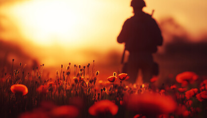 Obraz premium Cold morning light over vibrant poppy field in bloom, showcasing red flowers with detailed textures. Blurred silhouette of soldiers squad in uniforms, helmets and rifles contrasting beauty and duty.