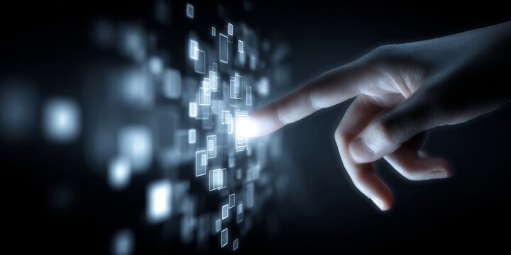 Futuristic Touch Interface with Human Finger Interacting with Digital Elements and Abstract Square Patterns in a Dark Environment