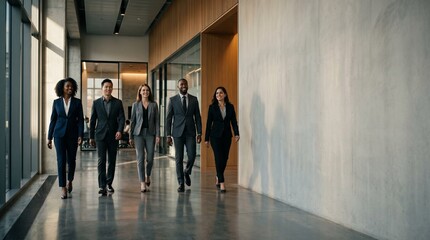 Fototapeta premium Diverse group of business professionals walking down a modern office hallway