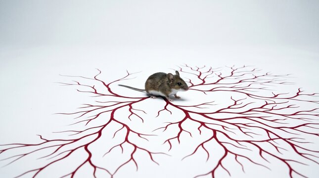 Mouse on a red branching pattern representing veins or roots on a white background