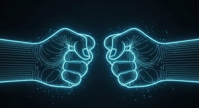 Digital fists bumping against a black backdrop futuristic technology concept