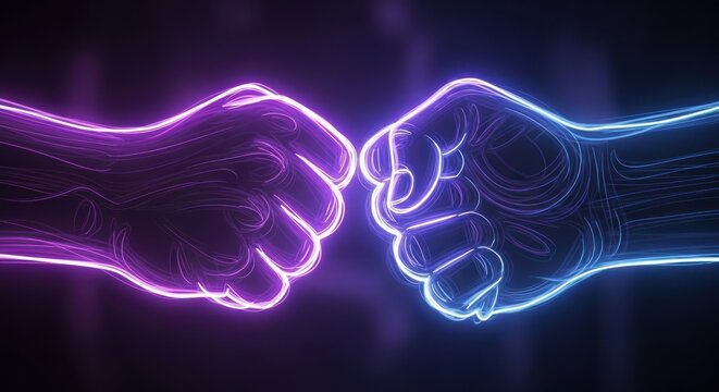 Neon fists bumping symbolizing connection and teamwork on dark background
