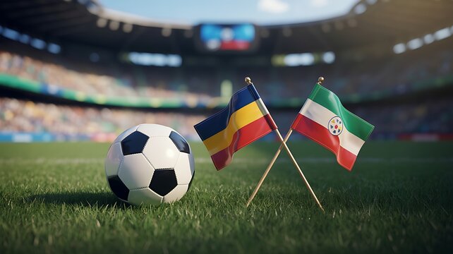 Soccer ball on grass with crossed flags of Chad and Equatorial Guinea in a large stadium setting