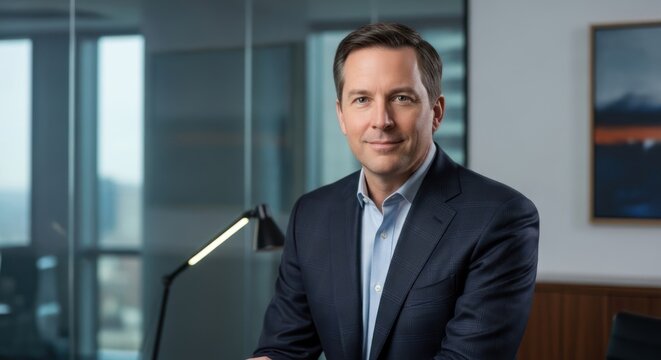 Professional man in business attire looking at camera office background
